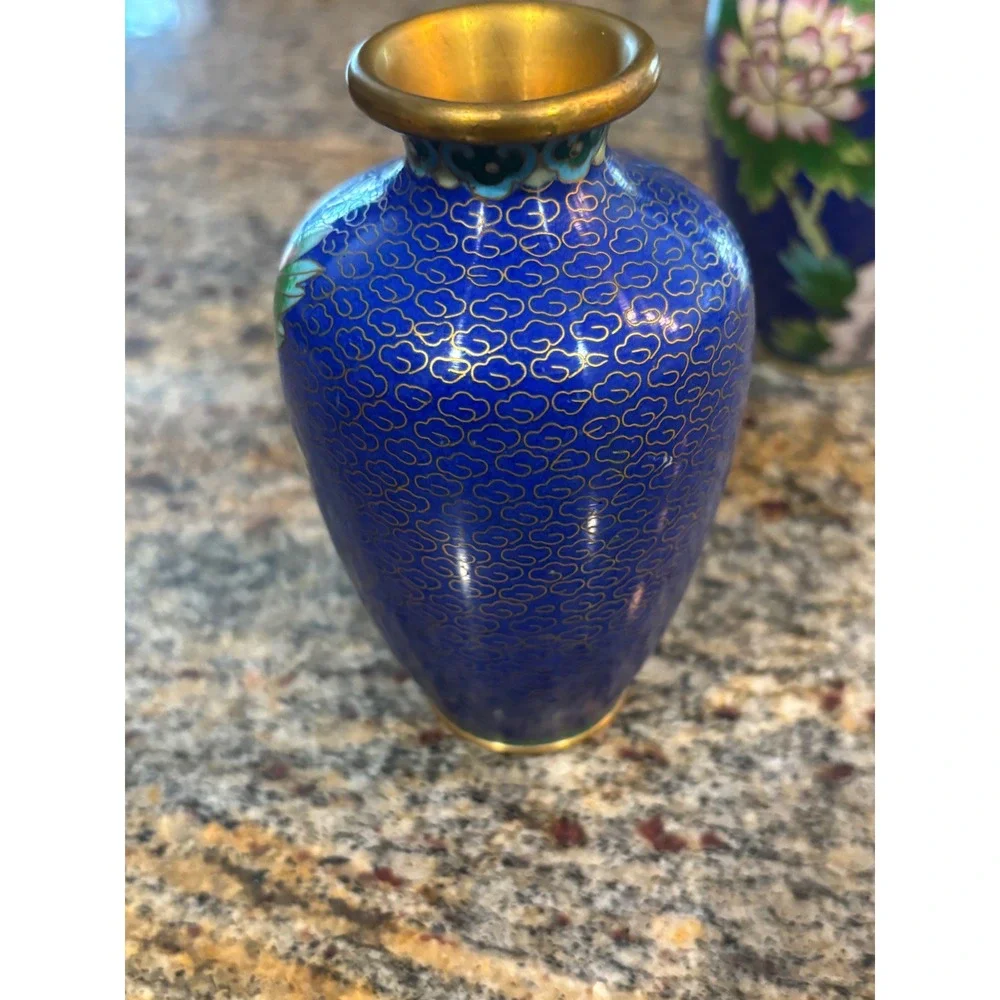 Vintage Chinese Cloisonne Miniature Enameled Vases Cobalt Blue Floral Pair 4.5